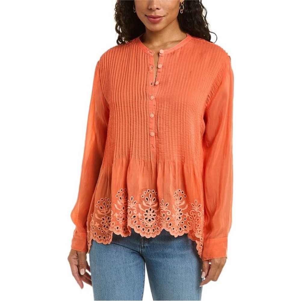 Johnny Was Leonie Pintuck Blouse Scalloped Hem Embroidered Top